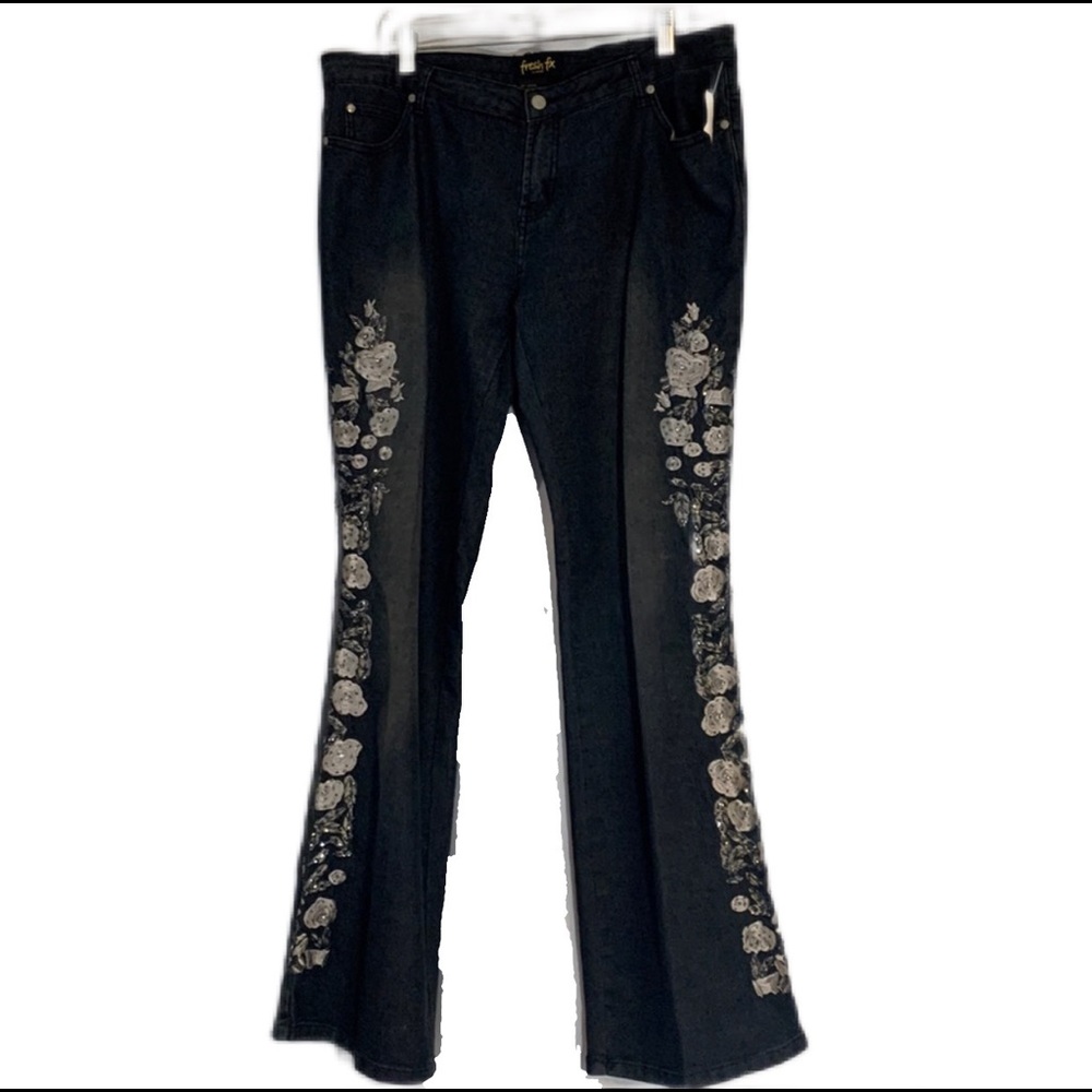 Fresh FX SZ 16 Black Embroidered/Beaded Wide Leg Jeans | NWT